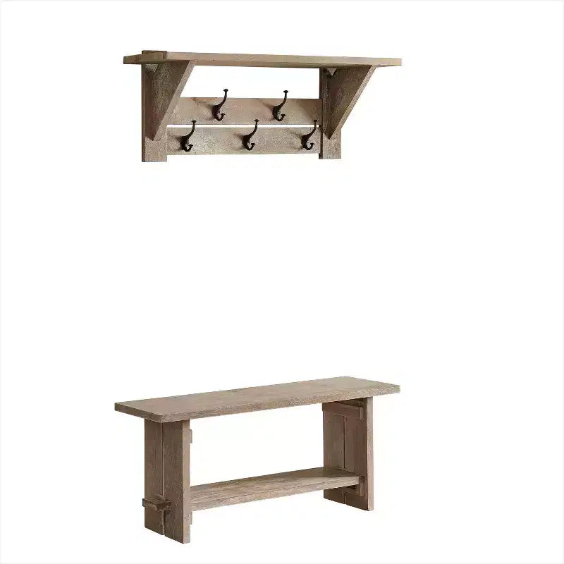 40" Castleton Mango Wood Bench and Coat Hook with Shelf Driftwood - Alaterre Furniture: Entryway Storage, 5 Metal Hooks, No Surface Treatment