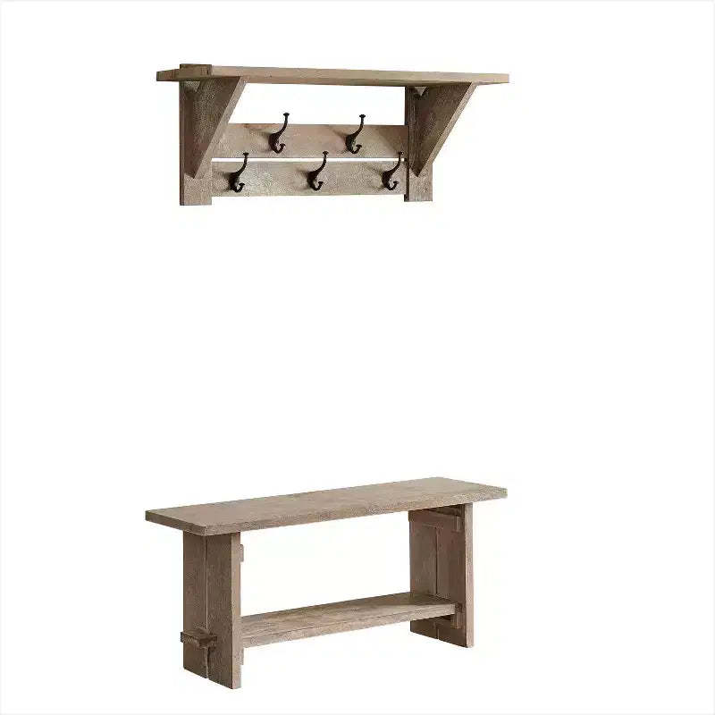 40" Castleton Mango Wood Bench and Coat Hook with Shelf Driftwood - Alaterre Furniture: Entryway Storage, 5 Metal Hooks, No Surface Treatment