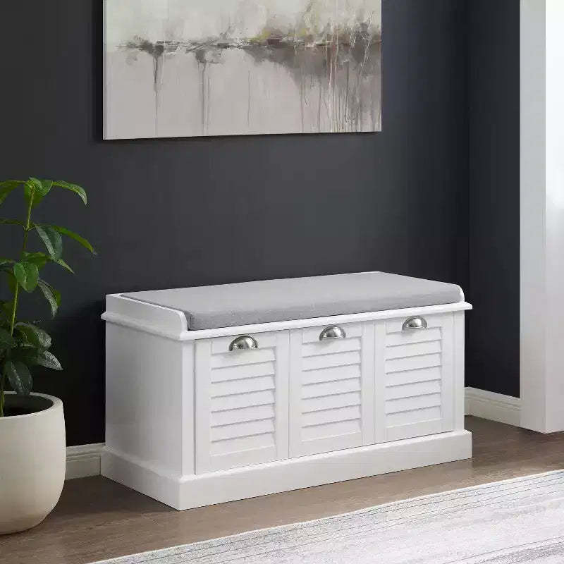 Crosley 36" Ellison Entryway Storage Bench White/Gray: Upholstered with Shoe Compartment, Narrow Design