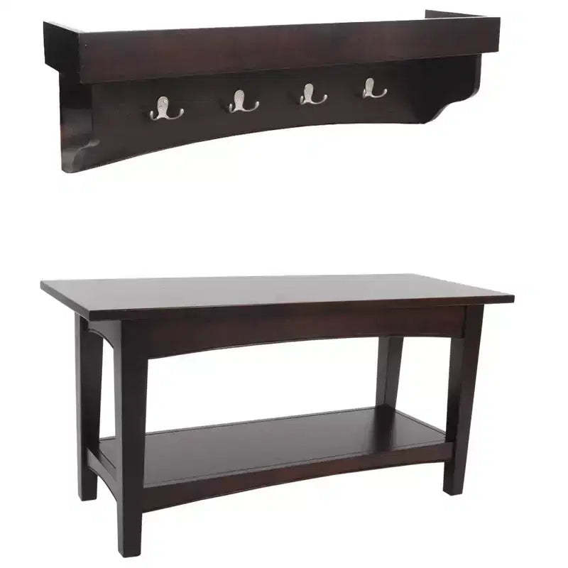 Alaterre Furniture Shaker Cottage Tray Shelf Coat Hook with Bench Set Espresso: Entryway Organizer, Wood Hall Tree