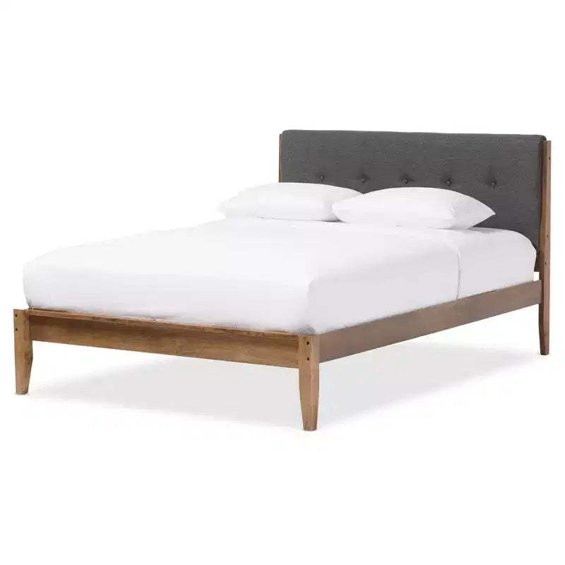 King Leyton Mid-Century Modern Fabric Upholstered Platform Bed Gray/Walnut Brown - Baxton Studio: Rubberwood Frame, No Box Spring Needed