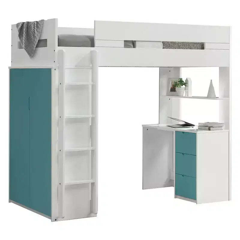 Acme Furniture 78"Loft Bed Nerice Loft and Bunk Bed White & Teal: Twin Over Twin, Wood Frame, No Tools Assembly