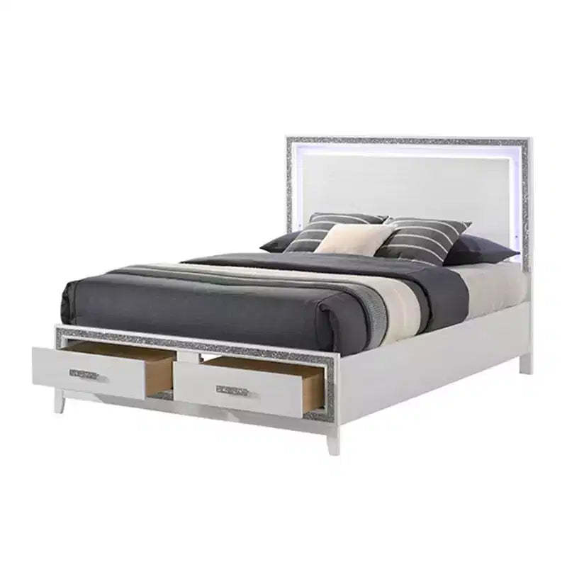 Acme Furniture 84" Eastern King Bed Haiden Bed White Finish: Faux Leather Upholstery, LED Light, Storage Drawer