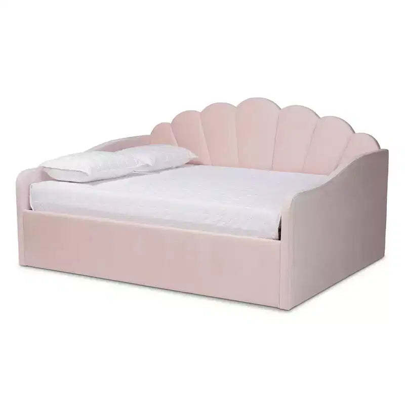 Queen Timila Velvet Fabric Upholstered Daybed Light Pink - Baxton Studio: Seashell-Inspired, No Box Spring Needed