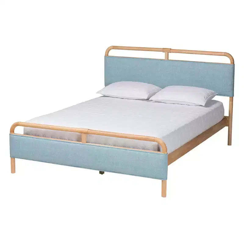 Baxton Studio Queen Mateo Fabric and Natural Wood Platform Bed Baby Blue/Natural