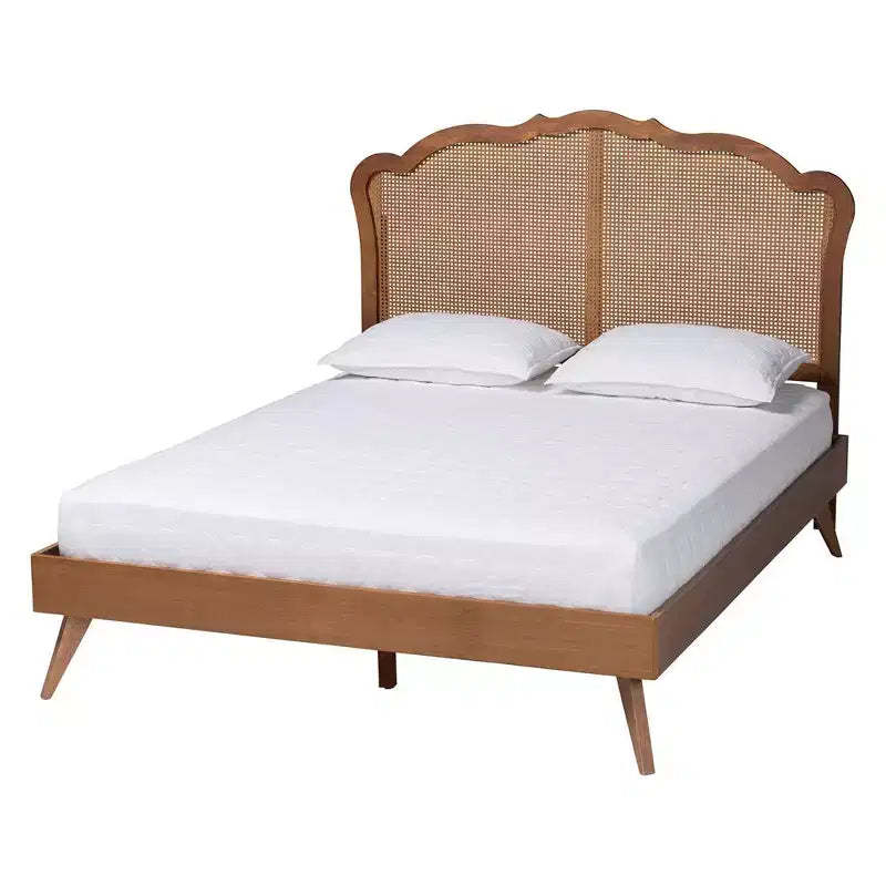 Baxton Studio Queen Aithan Wood and Rattan Platform Bed Walnut Brown