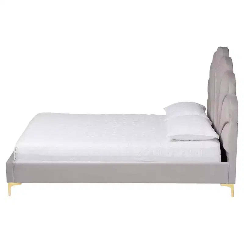 Baxton Studio Queen Size Acosta Velvet Seashell Headboard Platform Bed Light Gray/Gold