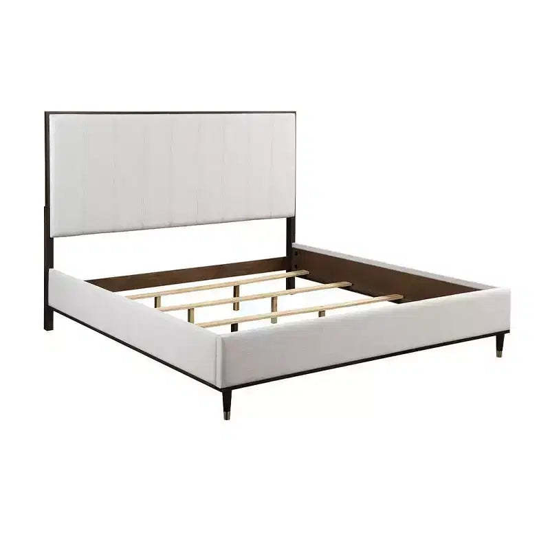 80.25" Eastern King Bed Carena Bed Light Gray Fabric White Brown Finish - Acme Furniture: Contemporary Upholstered Wood Frame