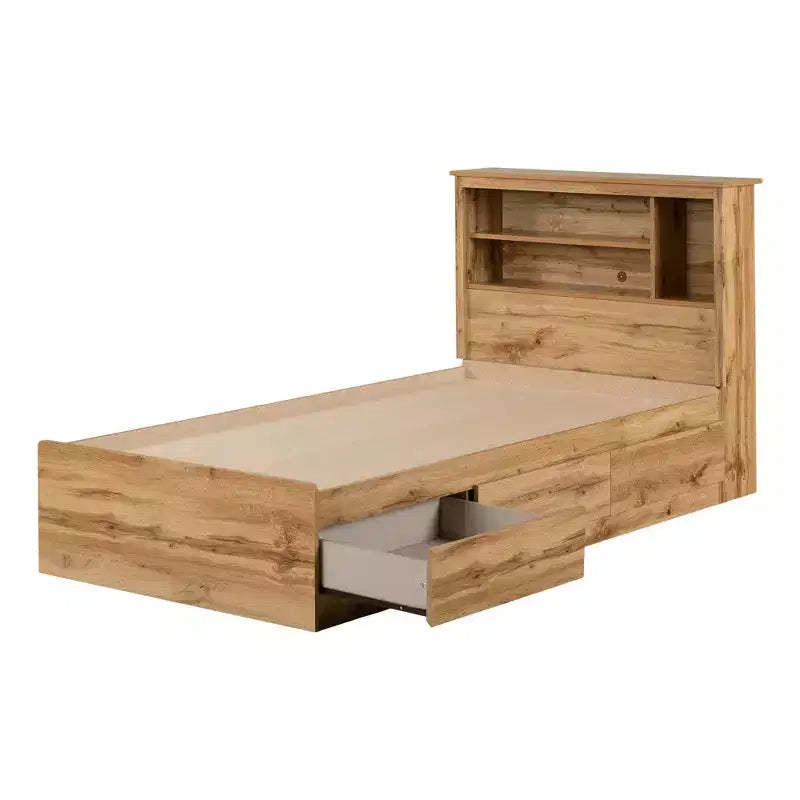 South Shore Twin Bed and Headboard Set Nordik Oak: 6-Compartment Storage, Laminated Particle Board