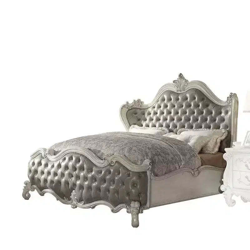 95" Queen Bed Versailles Bed Vintage Gray Synthetic Leather & Bone White Finish - Acme Furniture