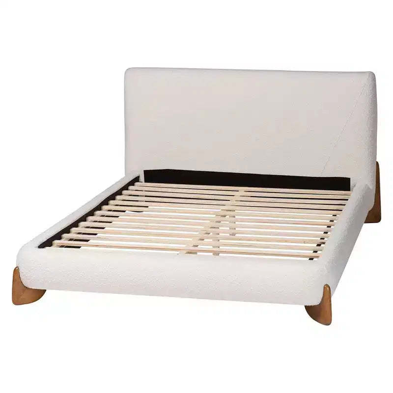 Baxton Studio Queen Size Vinicio Boucle Platform Bed Cream/Walnut Brown
