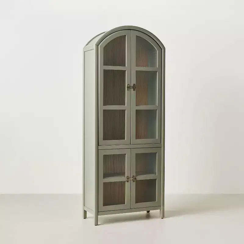 Grooved Wood with Glass 4 Door Arch Cabinet Sage Green - Hearth & Hand™ with Magnolia