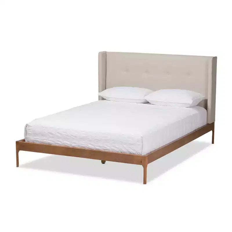 Brooklyn Mid Century Modern Walnut Wood Fabric Upholstered Platform Bed Beige - Baxton Studio