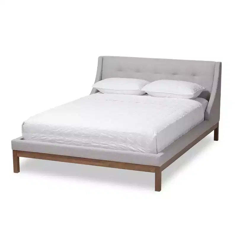 Louvain Modern and Contemporary Fabric Upholstered Walnut - Finished Platform Bed Grayish Beige - Baxton Studio