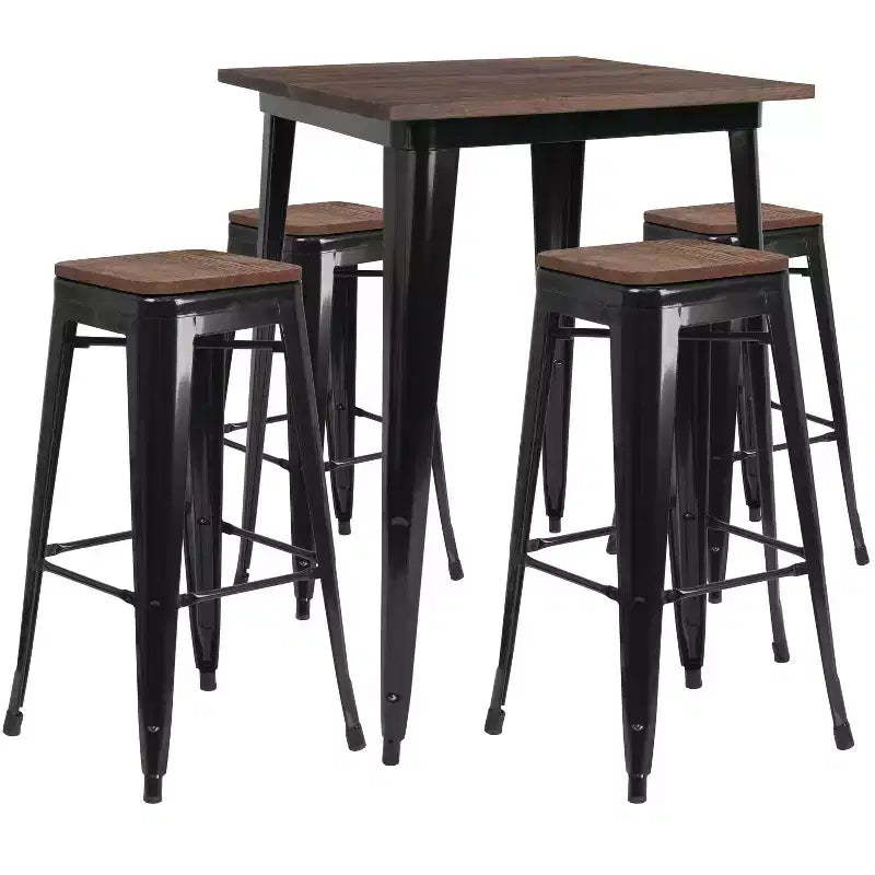 Flash Furniture 31.5 Square Metal Bar Table Set with Wood Top and 4 Backless Stools