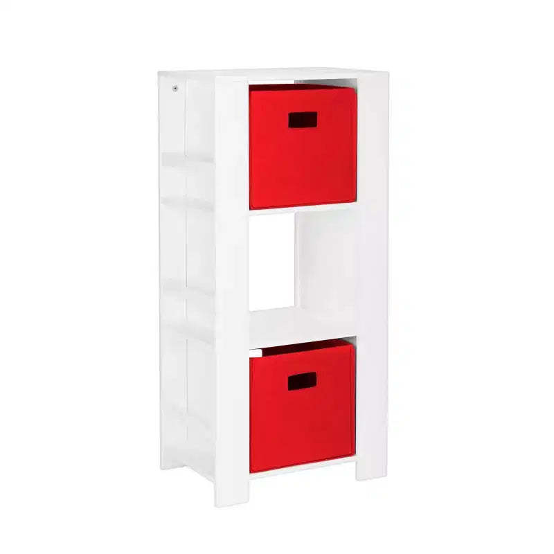 RiverRidge Kids' Bookshelf and Toy Organizer Tower with 3 Cubbies and 6 Bookracks White with 2 Fabric Bins