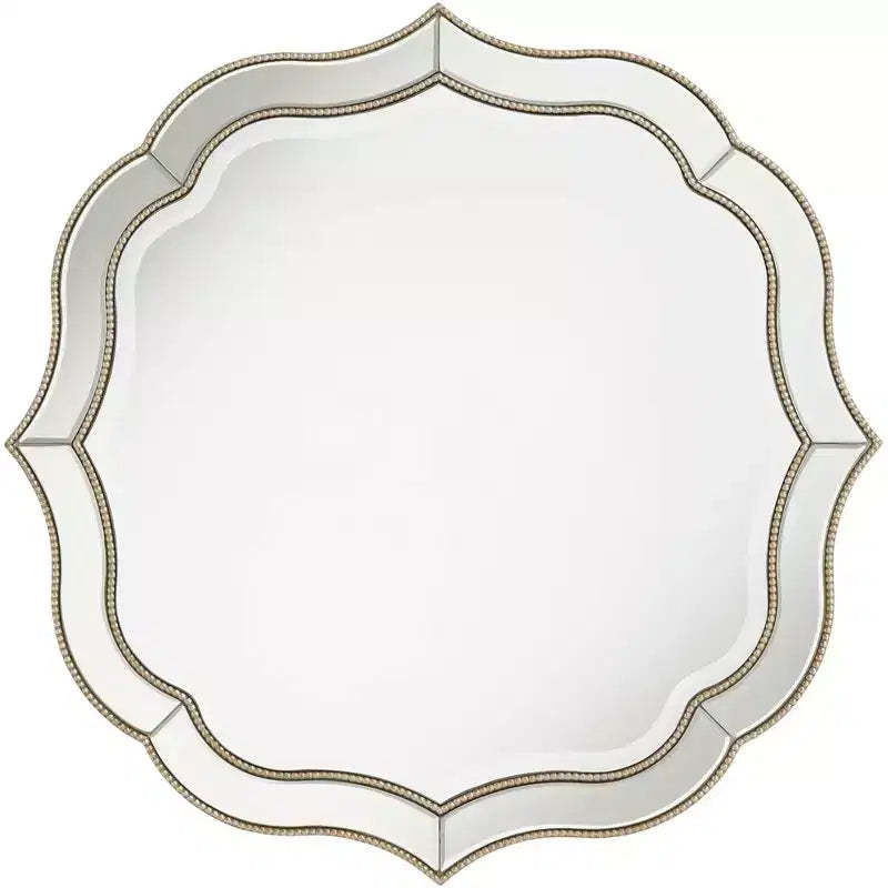 Noble Park Laureen Scalloped Round Vanity Wall Mirror Modern Beveled Glass Champagne Gold Beaded Frame 32 Wide for Bathroom Living Room Home Entryway