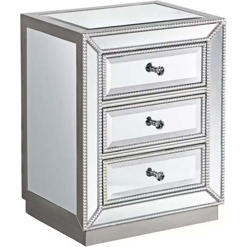 Coast to Coast Accents Trevi Modern Mirrored Rectangular Accent Table 20 x 15 with 3-Drawer Silver Beaded Trim for Living Room Bedroom Bedside House