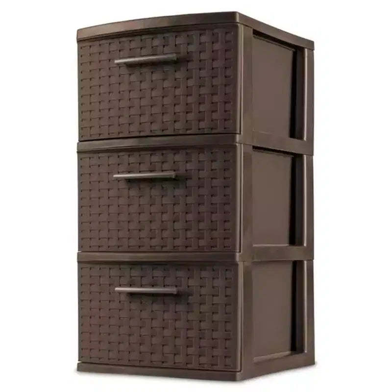 Sterilite 3 Drawer Storage Tower, Plastic Decorative Weave Drawers for Dorm, Closet, Bedroom, or Craft Room Organization, 2 Pack, Espresso