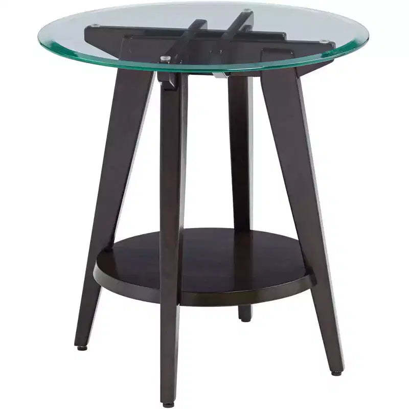 55 Downing Street Farmhouse Wood Round Accent Table 24 Wide with Shelf Dark Brown Tempered Glass Tabletop Living Room Home House
