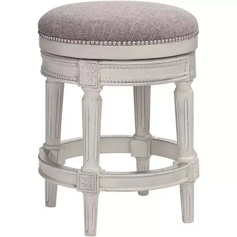 55 Downing Street Oliver Wood Swivel Bar Stool Distressed White 24 1/2 High Traditional Pewter Round Cushion with Footrest for Kitchen Counter Island