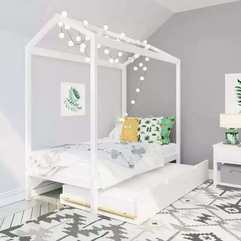 Max & Lily Twin Size Solid Wood House Bed Frame with Storage Trundle and Roof for Kids Bedroom