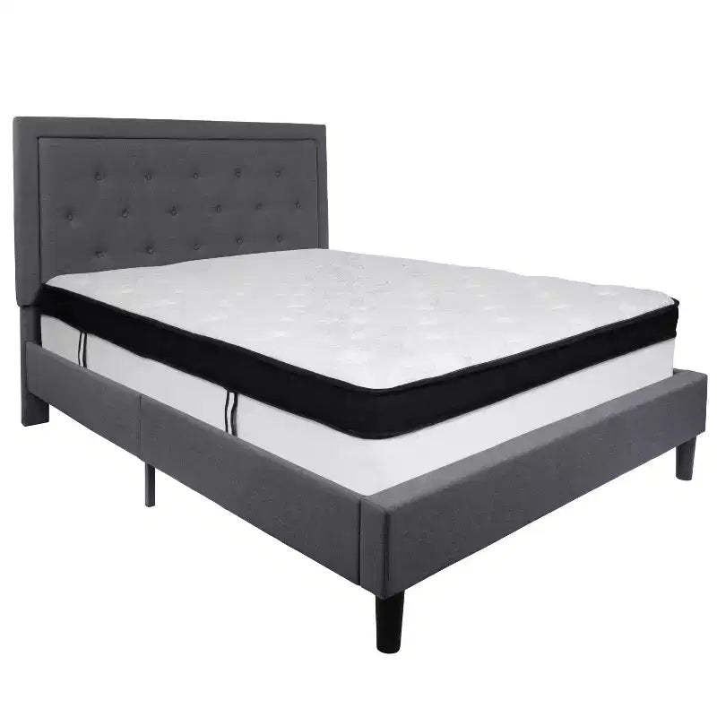Flash Furniture Roxbury Panel Tufted Upholstered Platform Bed and Memory Foam Pocket Spring Mattress
