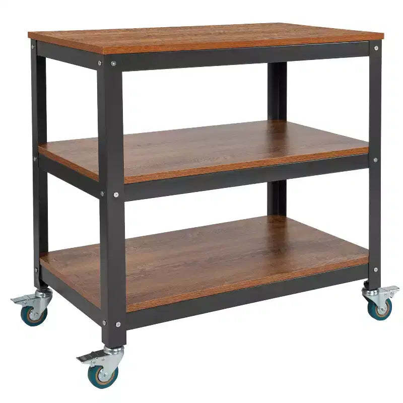 Emma and Oliver 30W Rolling Storage Cart with Metal Wheels in Brown Oak Wood Grain Finish