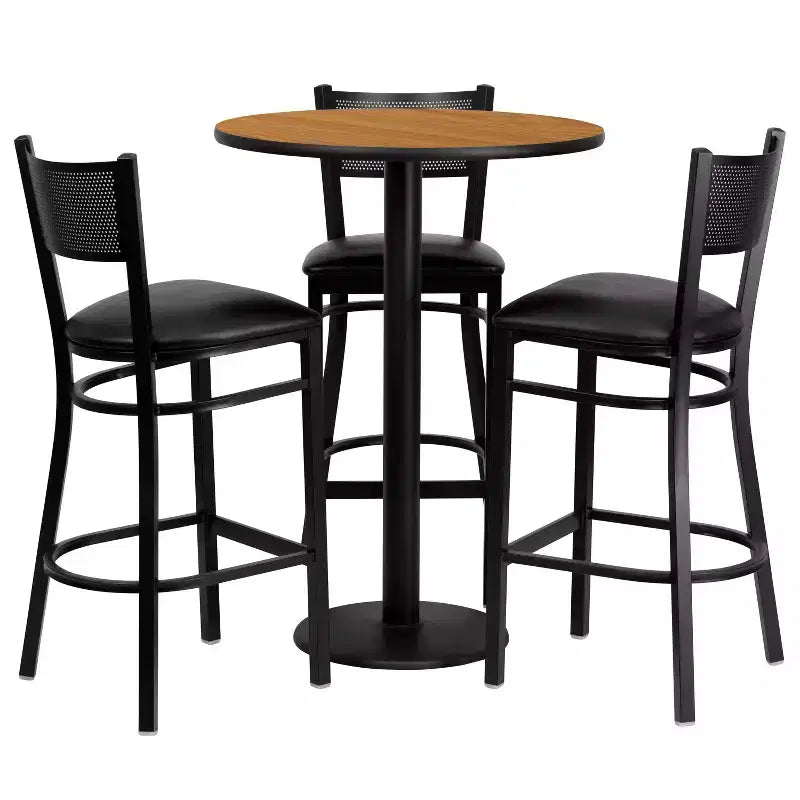 Emma and Oliver 30 Round Laminate Table Set with 3 Grid Back Metal Barstools