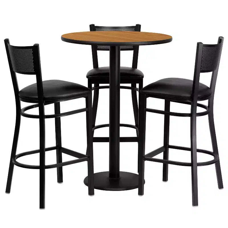 Emma and Oliver 30 Round Laminate Table Set with 3 Grid Back Metal Barstools