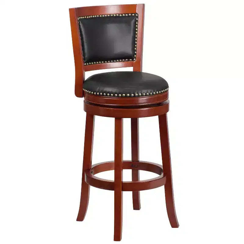 Emma and Oliver 30H Open Panel Back Wood Barstool with Leather Swivel Seat