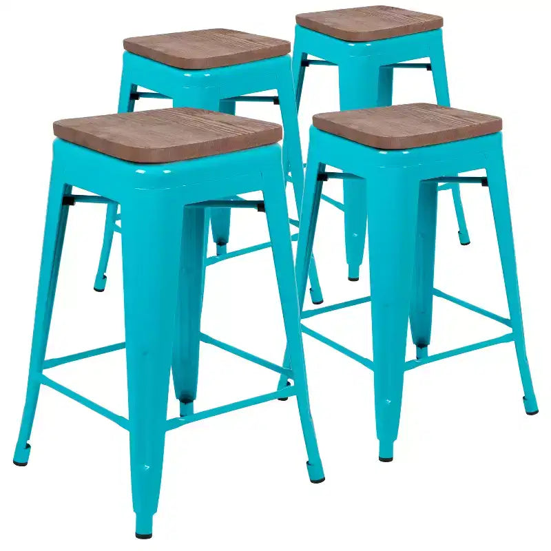 Emma and Oliver 24 High Metal Counter-Height, Indoor Bar Stool with Wood Seat - Stackable Set of 4