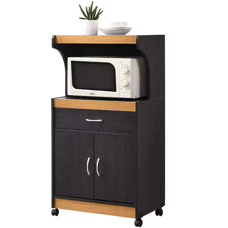 Hodedah Wheeled Microwave Island Cart with Drawer and Cabinet Storage, Black-Beech