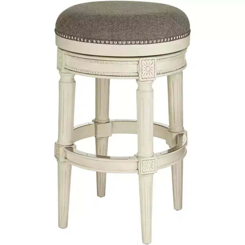 55 Downing Street Oliver Wood Swivel Bar Stool Distressed White 30 1/2 High Traditional Gray Round Cushion with Footrest for Kitchen Counter Height