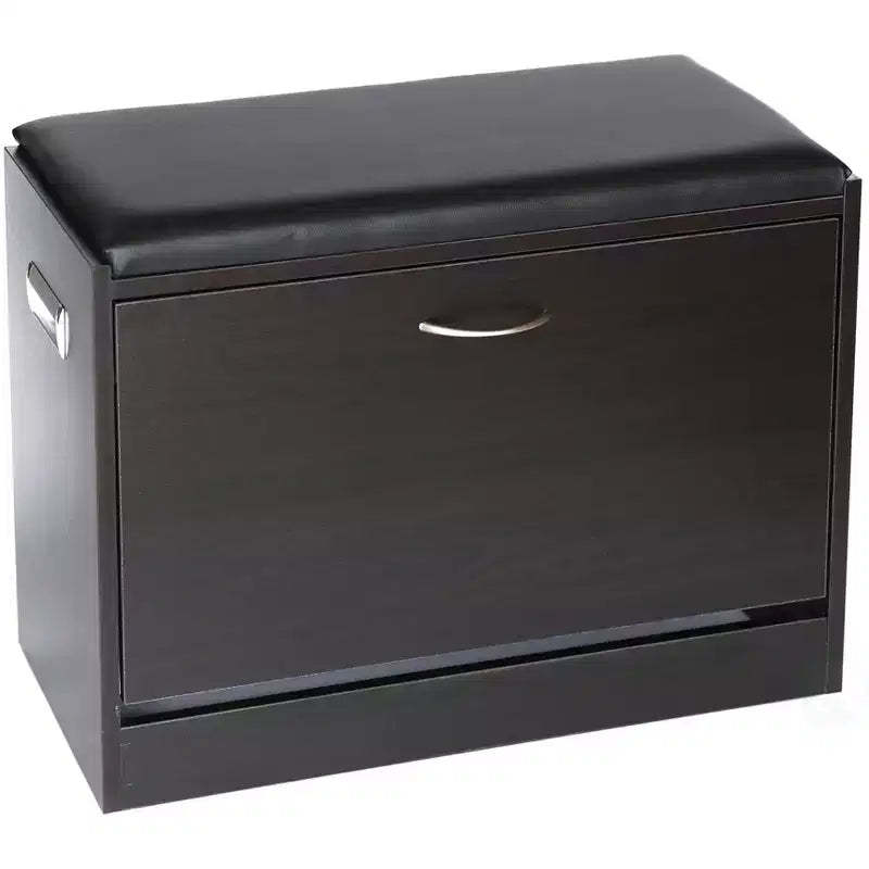 Basicwise Shoe Storage Bench with Leather Cushion  Classic Black Wooden Entryway, Fold-Out Hidden Double Shoe Rack, Easy Assembly, Comfortable Seat