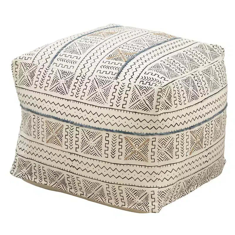 Saro Lifestyle Saro Lifestyle Abstract Design Mudcloth Floor Pouf, White, 20x20x14