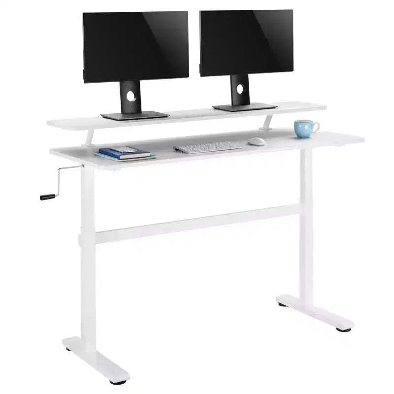 Tranzendesk Standing Desk with Clamp-On Shelf - 55 Sit to Stand Workstation with 55 Monitor Stand - White - Stand Steady