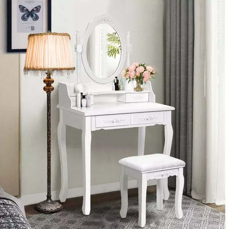 Costway Vanity Wood Makeup Dressing Table Stool 4 Drawers Black/White