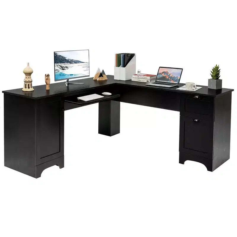 Costway L-Shaped Corner Computer Desk Writing Table Study Workstation Drawers BlackBrown