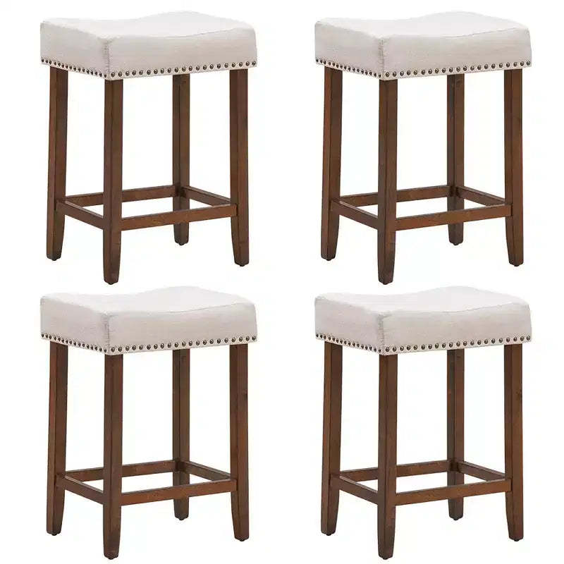 Costway Set of 4 Nailhead Saddle Bar Stools 24'' Height w/ Fabric Seat & Wood Legs Beige\Gray