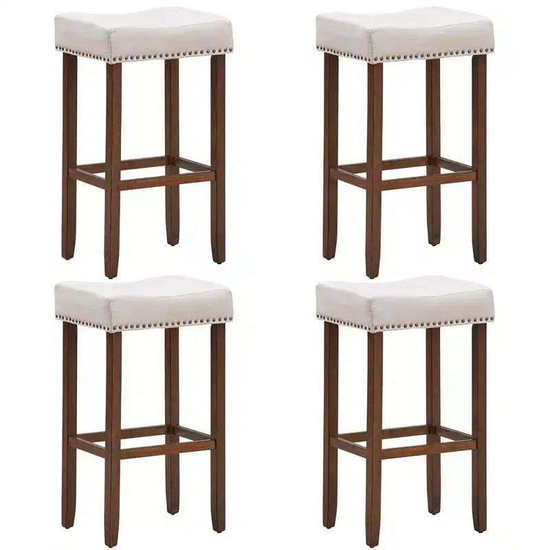 Costway Set of 4 Nailhead Saddle Bar Stools 29'' Height w/ Fabric Seat & Wood Legs Gray/Beige