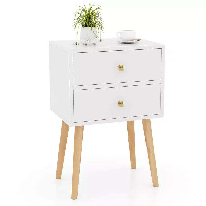 Costway Nightstand Mid-century Modern Bedside Table with 2 Drawers Solid Wood Support Legs