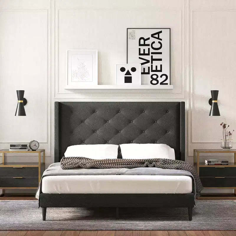 Glenwillow Home Huppe Upholstered Platform Bed Frame, Button-Tufted MCM Wingback, Mattress Foundation, No Box Spring Needed, Easy Assembly