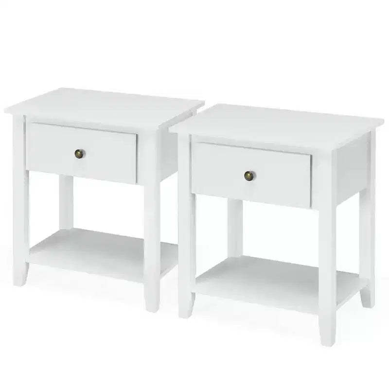 Costway 2PCS Nightstand Sofa End Side Table W/ Storage Drawer Bottom Shelf White
