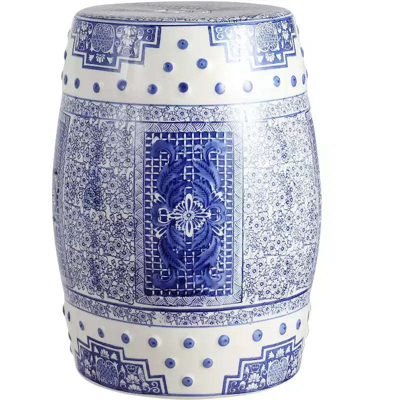 JONATHAN Y Acanthus 17.8 Chinoiserie Ceramic Drum Garden Stool/Accent Table, Blue/White