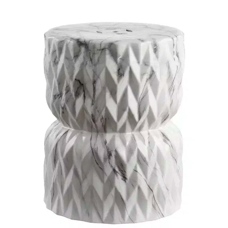 JONATHAN Y Chevron Drum 17.5 White Marble Finish Ceramic Garden Stool/Accent Table