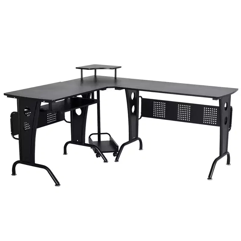 HOMCOM L-Shaped Corner Computer Office Desk Workstation with Elevated Shelf, Rolling Keyboard Tray, & Convenient CPU Stand