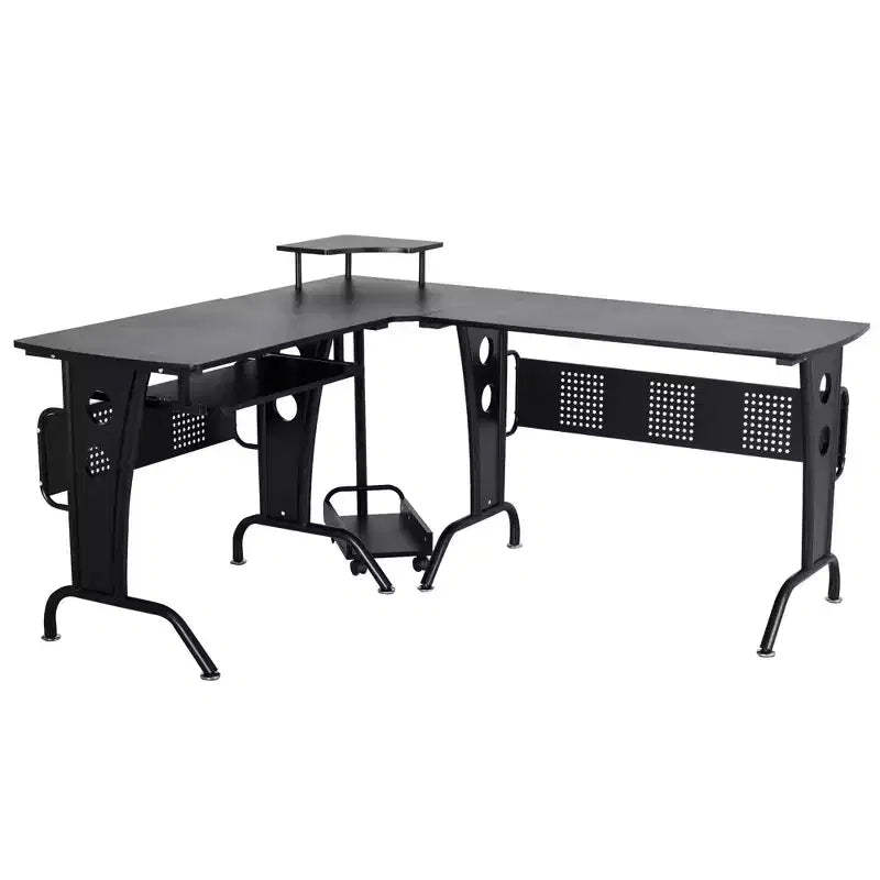 HOMCOM L-Shaped Corner Computer Office Desk Workstation with Elevated Shelf, Rolling Keyboard Tray, & Convenient CPU Stand