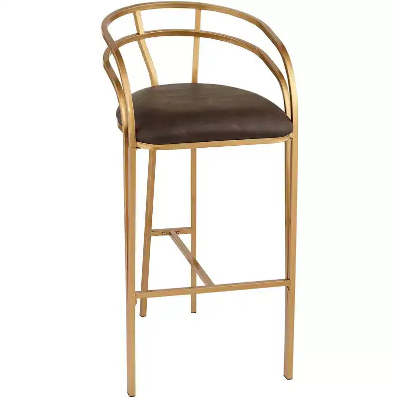 55 Downing Street Tanner Gold Metal Bar Stool 30 High Modern Brown Upholstered Fabric Cushion with Low Backrest Footrest for Kitchen Counter Height
