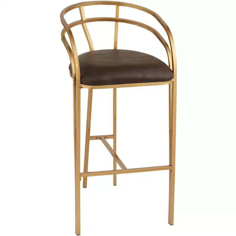 55 Downing Street Tanner Gold Metal Bar Stool 30 High Modern Brown Upholstered Fabric Cushion with Low Backrest Footrest for Kitchen Counter Height
